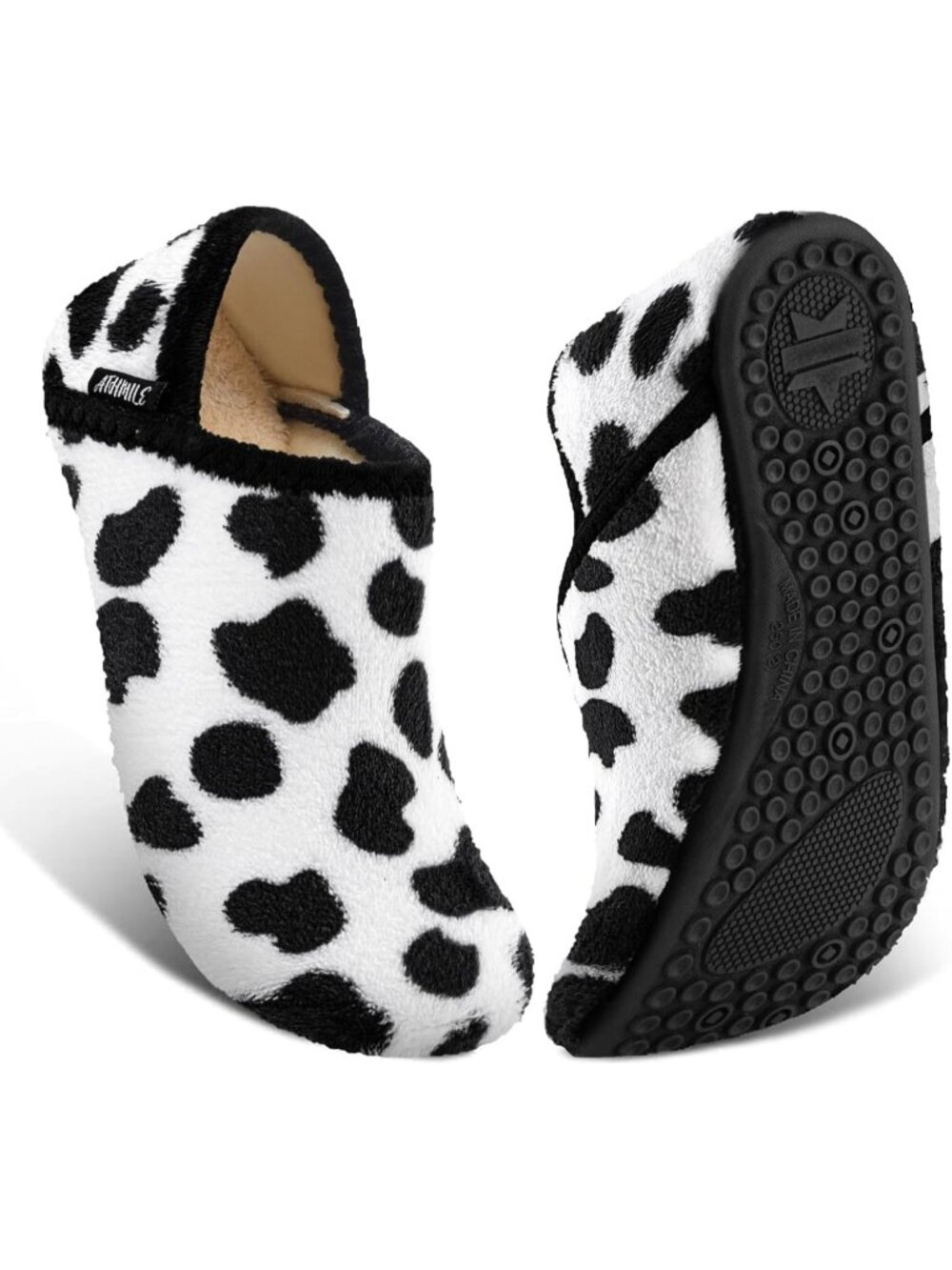 Women's White Cow Barefoot Socks Furry Cozy Fleece Slip On Indoor Slippers